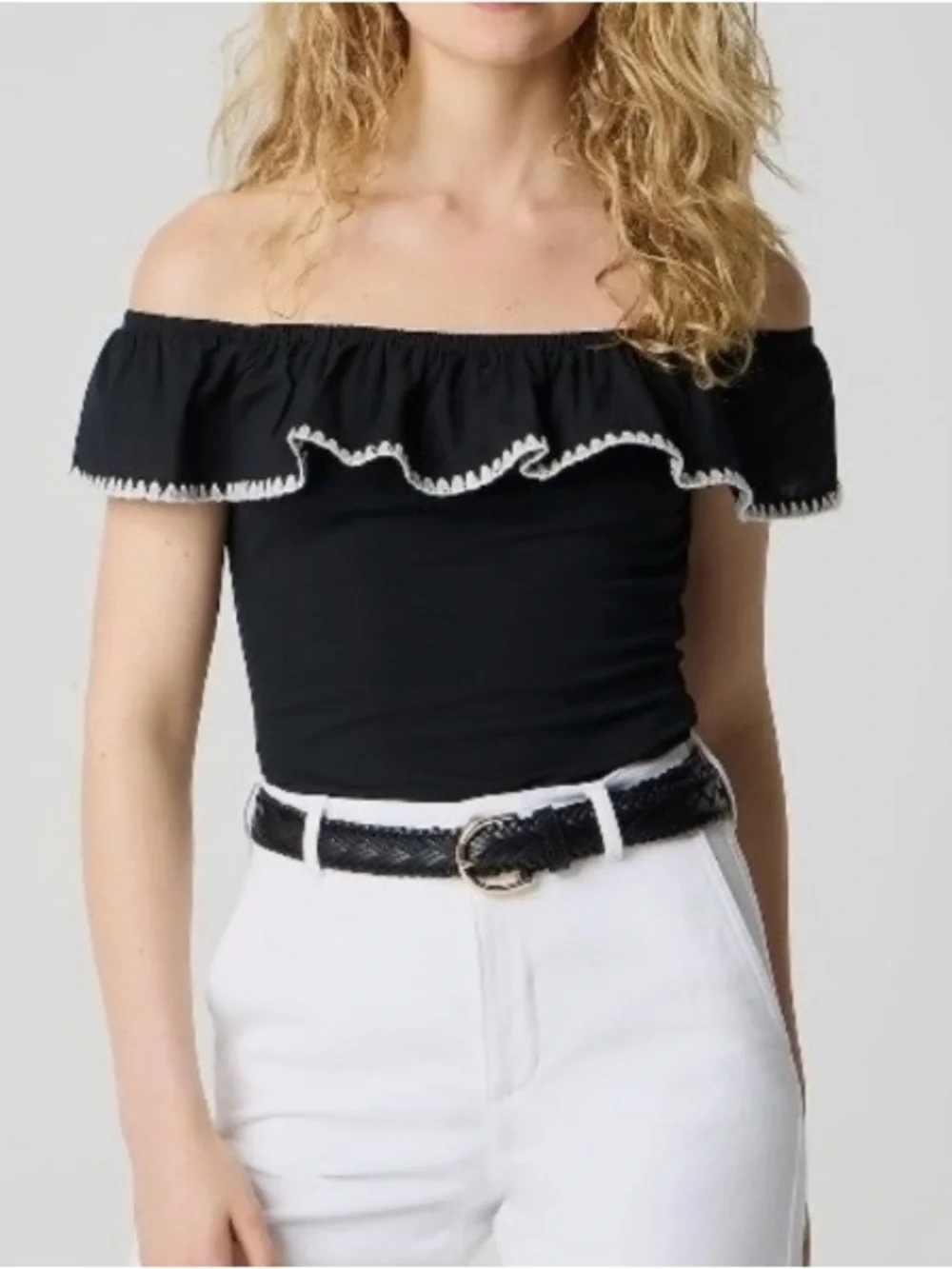 J. Crew Black Embroidered Trim Off Shoulder Mid Length Summer Vacay Top